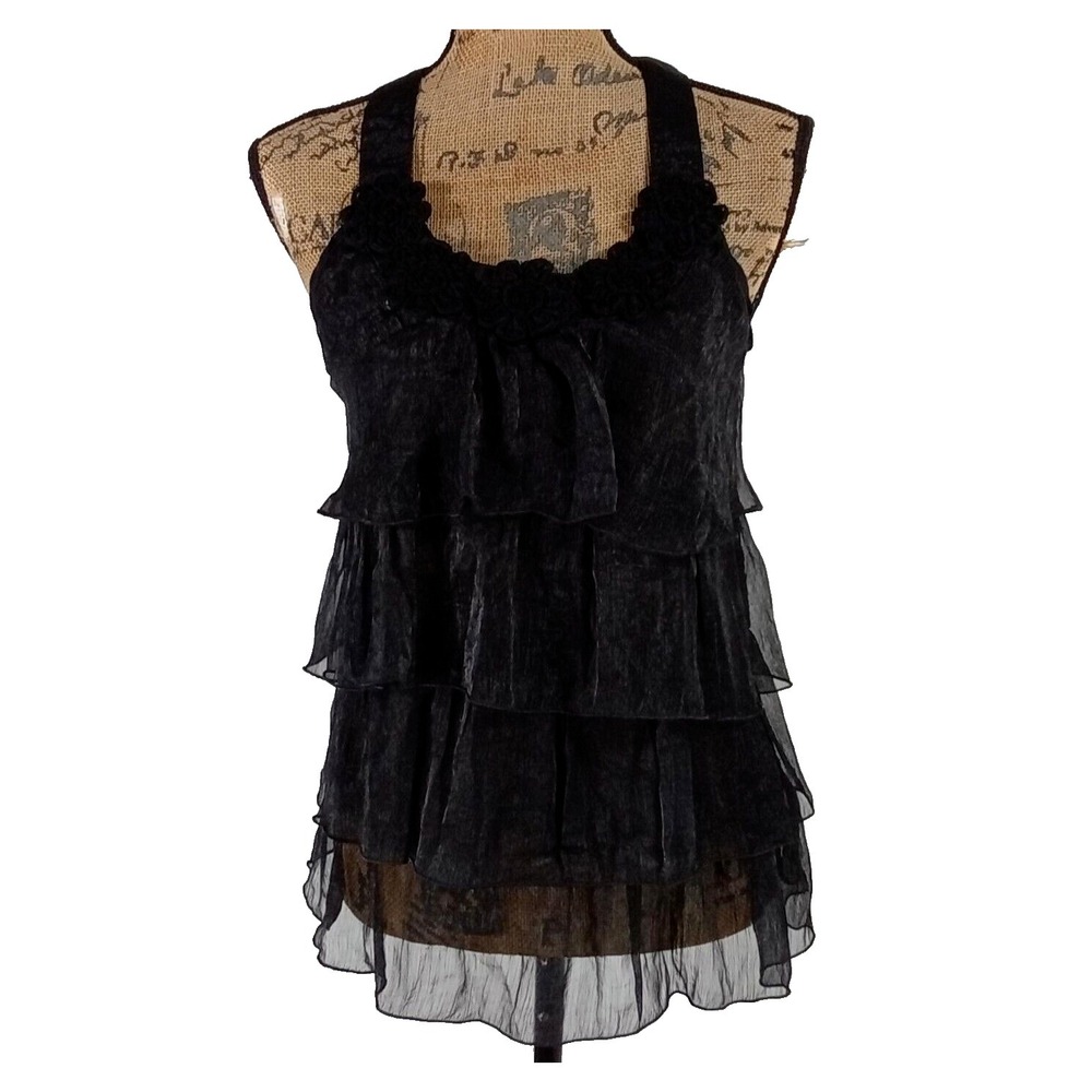 Womens Top Black Sheer Ruffle Tiered Scoop Neck Halter Blouse